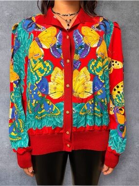 Vibrant Red Butterfly-Print Cardigan